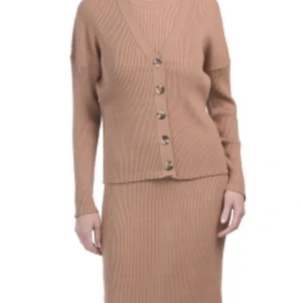 NWT Rachel Zoe Large 2 piece set tan knit sleeveless dress & matching cardigan